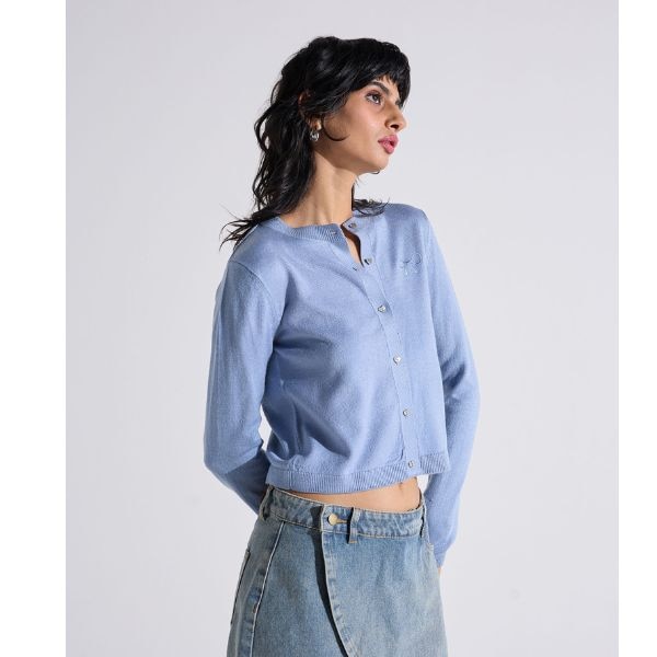 Mixt Blue Solid Round Neck Button Down Cardigan, ₹2,295