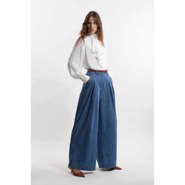 Karen Millen Tailored Chambray Denim Straight Leg Pleated Trousers, ₹6,999