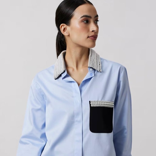 Pallavi Swadi Relaxed Fit Shirt with Pearl Embellished Pocket & Collar, ₹14,801