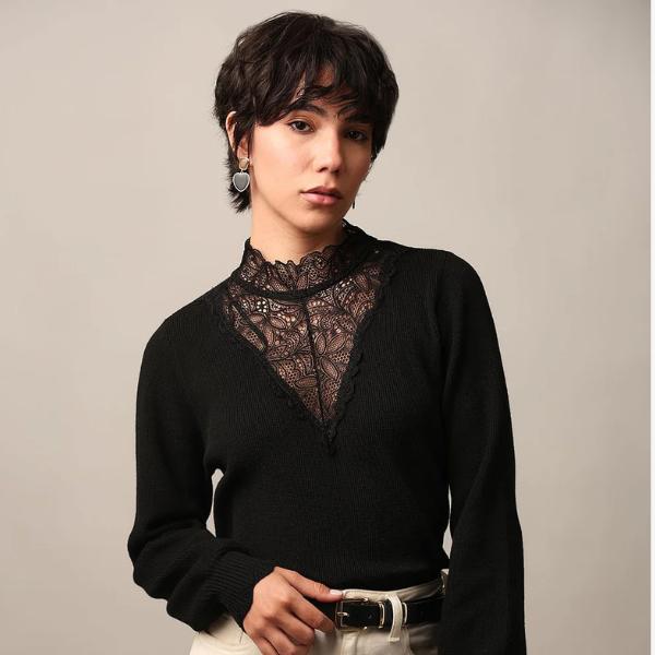 Only Black Lace Detail High Neck Pullover, ₹1,949