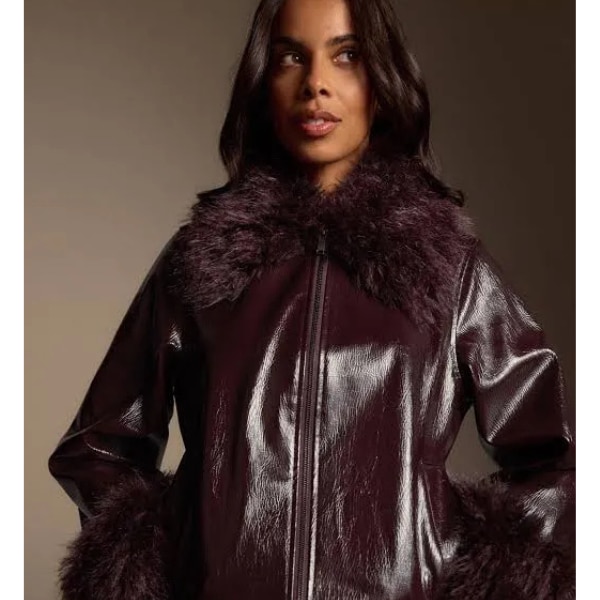 Next Women’s Burgundy Red Faux Fur Trim PU Jacket, ₹8,635