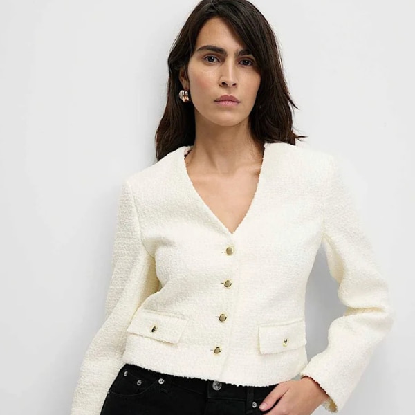 Marks & Spencer V Neck Fringe Tweed Jacket, ₹2,749