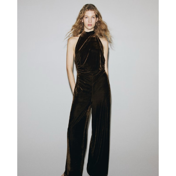 H&M Ladies Dark Golden Olive Velour Jumpsuit, ₹2,799