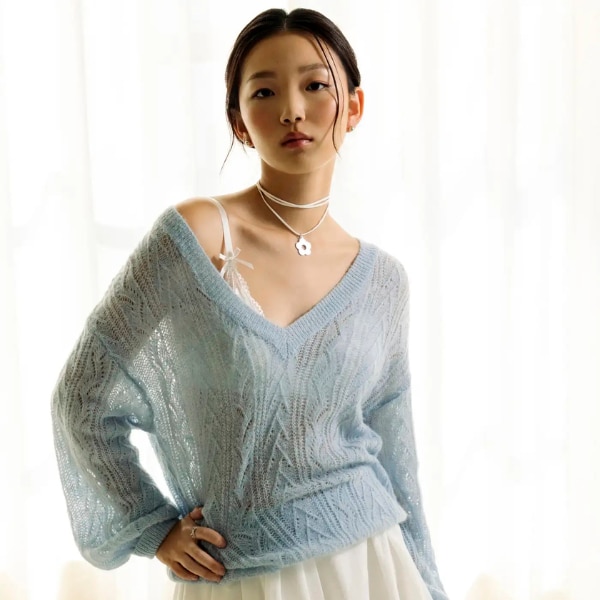 Cider Mohair V-Neck Solid See-Through Sweater, ₹3,000