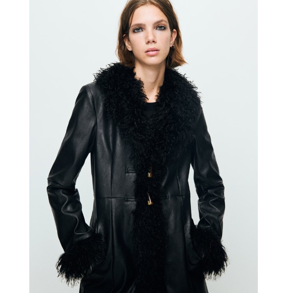 Mango Faux-Leather Coat With Fur Trim, ₹12,090
