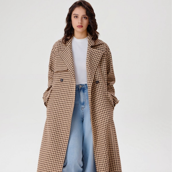 Cider Tweed Collar Houndstooth Double Breasted Belted Coat, ₹4,635
