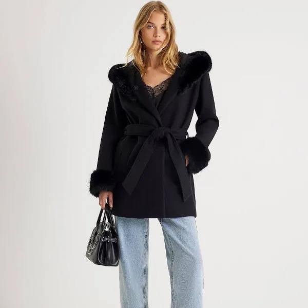 River Island Women’s Hooded Faux Fur Trim Coat, ₹12,900