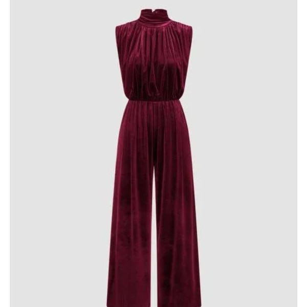 Cider Velvet High Neck Ruched Zipper Wide Leg Jumpsuit, ₹2,150