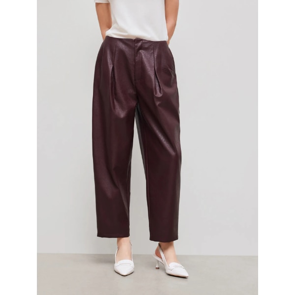 Cider Faux Leather Mid Rise Solid Zipper Cropped Barrel-leg Trousers, ₹4,899