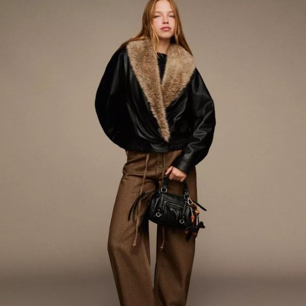 Bershka Faux Leather Jacket with Faux Fur Collar, ₹5,950
