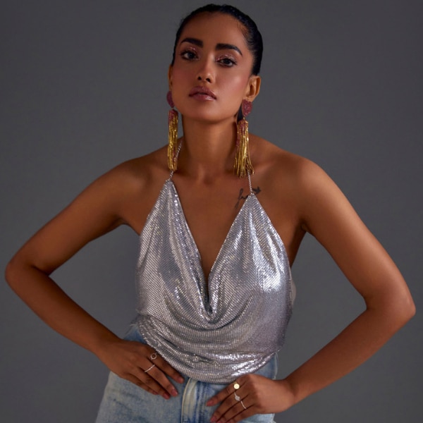 The Clothing Factory Draped Silver Halter Top, ₹3,601