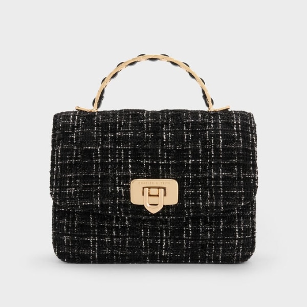 Charles & Keith Cressida Tweed Quilted Top Handle Bag - Black Tweed, ₹10,999