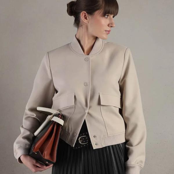 Vero Moda Beige Buttoned Bomber Jacket, ₹5,599