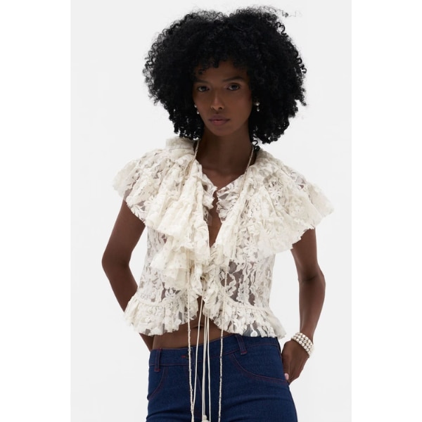 Payal JainIvory Chantilly Lace Ruffled Tie-Up Blouse, ₹16,500