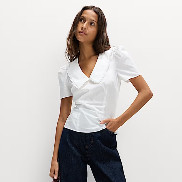 Marks & Spencer Pure Cotton Peter Pan Collar V Neck Waisted Blouse, ₹3,499