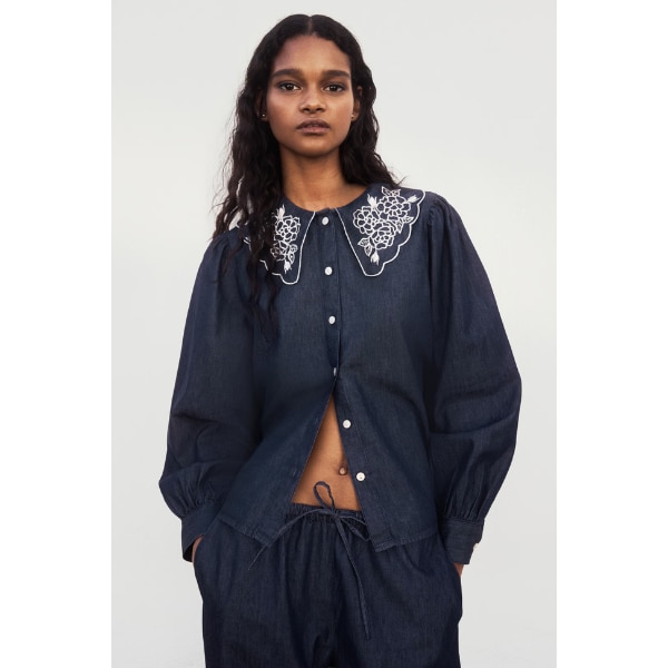 H&M Embroidered-Collar Denim Blouse, ₹2,299
