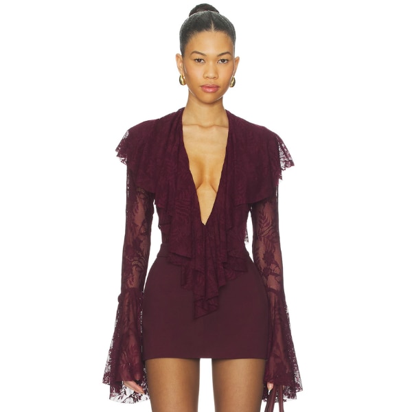 Norma Kamali Long Sleeve Deep V Ruffle Bodysuit, ₹31,517 approx. 