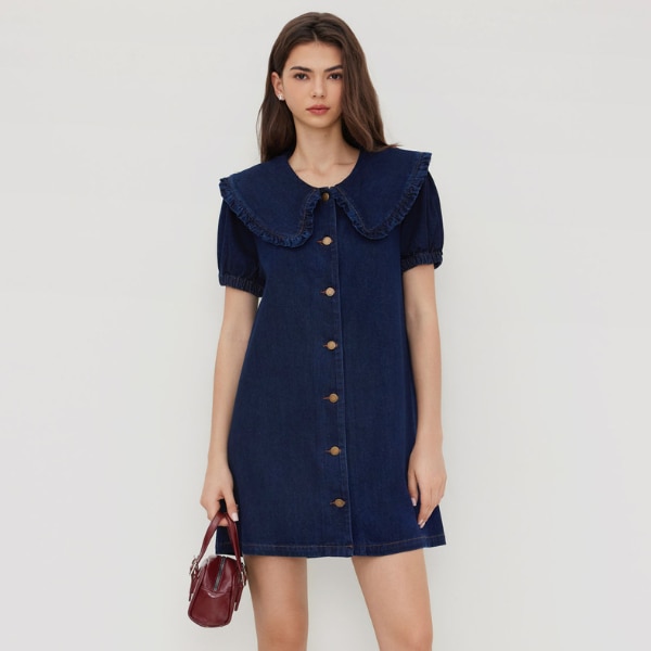 Cider Denim Peter Pan Collar Button Through Smock Puff Sleeve Mini Dress, ₹3,678
