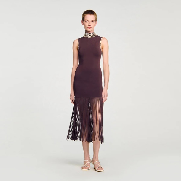 Sandro Cleopatre Fringed Knit Maxi Dress Brown, ₹44,600