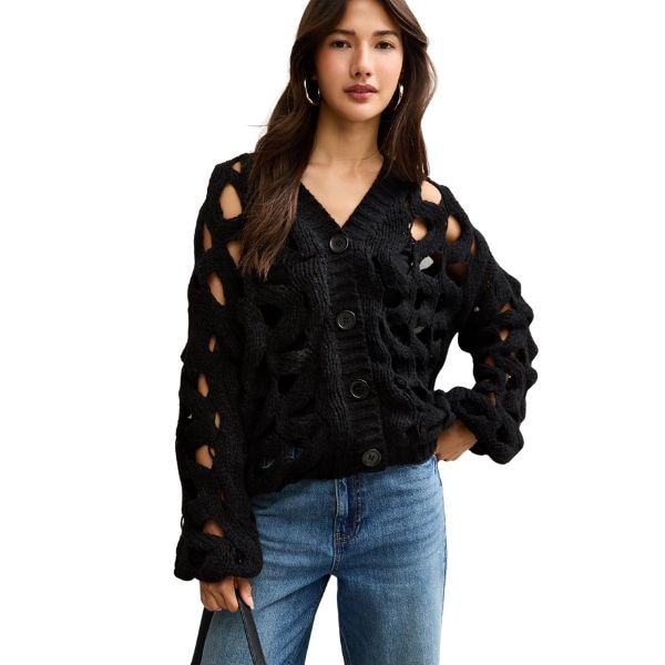 New Look Gini London Black Hollow Chunky Knit Cardigan, ₹5,456 