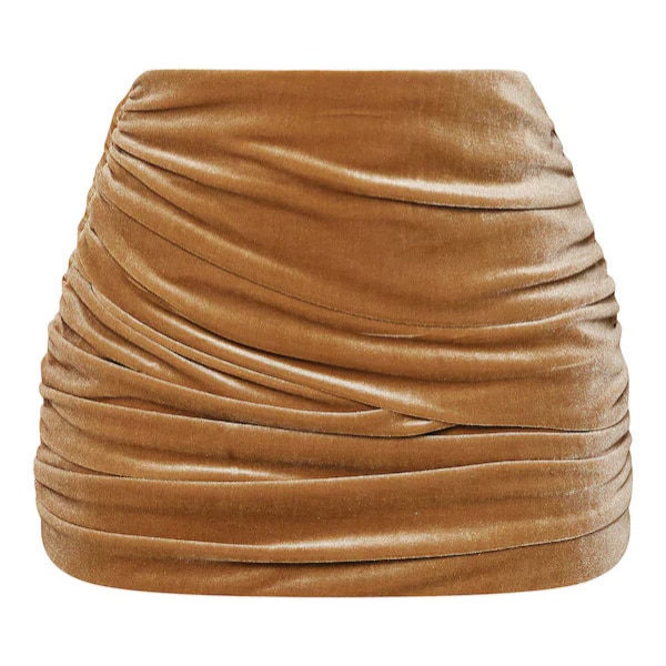 The Bae Club Golden Olive Velvet Ruched Mini Skirt, ₹5,900 