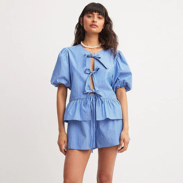 Oyela Women's Blue Striped Bowknot Top And Shorts Set, ₹1,499