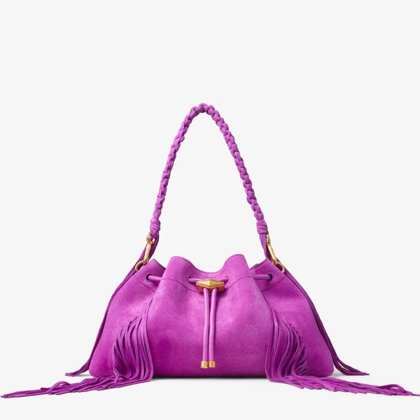 Jimmy Choo Cinch Medium Violet Orchid Suede Shoulder Bag with Fringes, ₹1,90,630 approx. 