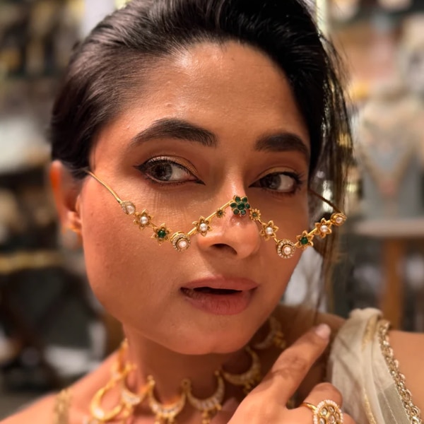 Illuminate Jewellery Triangle Green Kundan Flower Facelet, ₹3,890