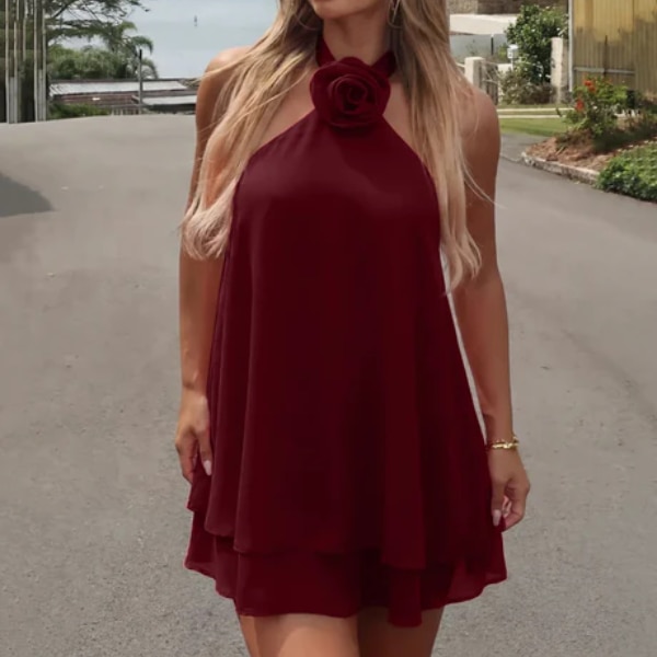 Little Box India Red Halter Flower Tie Strap A-Line Backless Mini Dress, ₹1,299