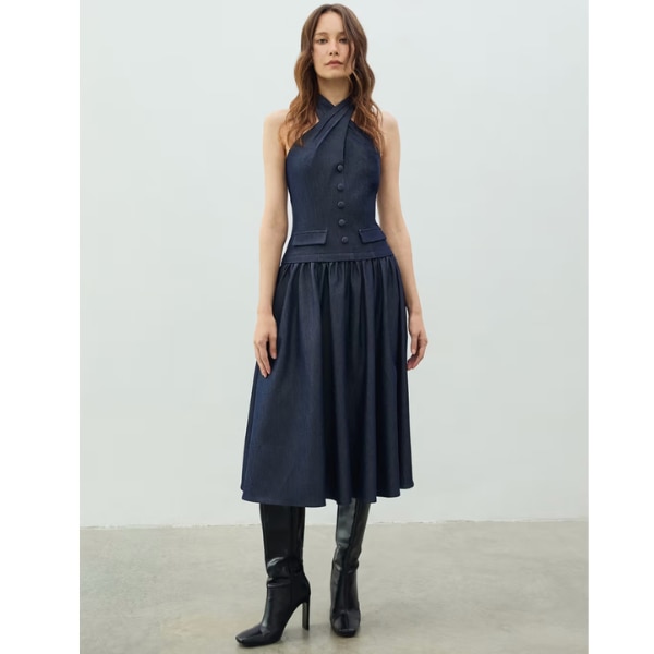 Pomelo Halter Neck Vest Dress - Navy Blue, ₹15,299