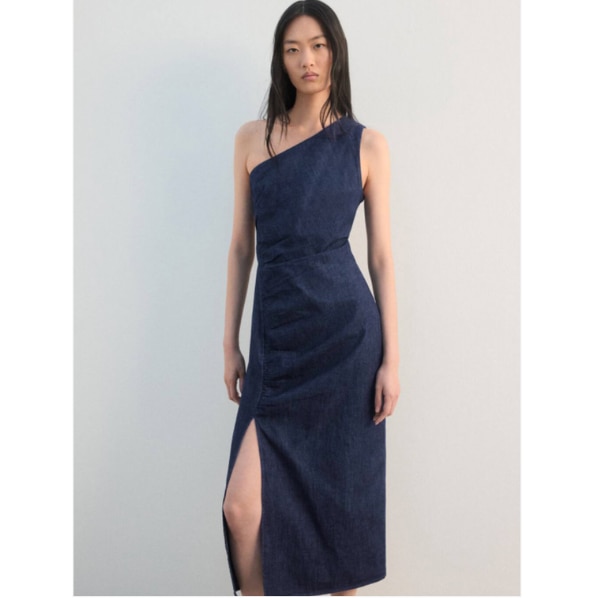  Mango Denim One Shoulder Pure Cotton Sheath Midi Dress, ₹4,990