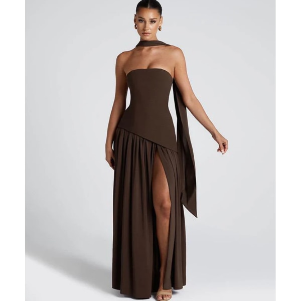 Miss Mosa Sofiya Offshoulder Slit Maxi Dress With Scarf In Dark Brown, ₹3,399