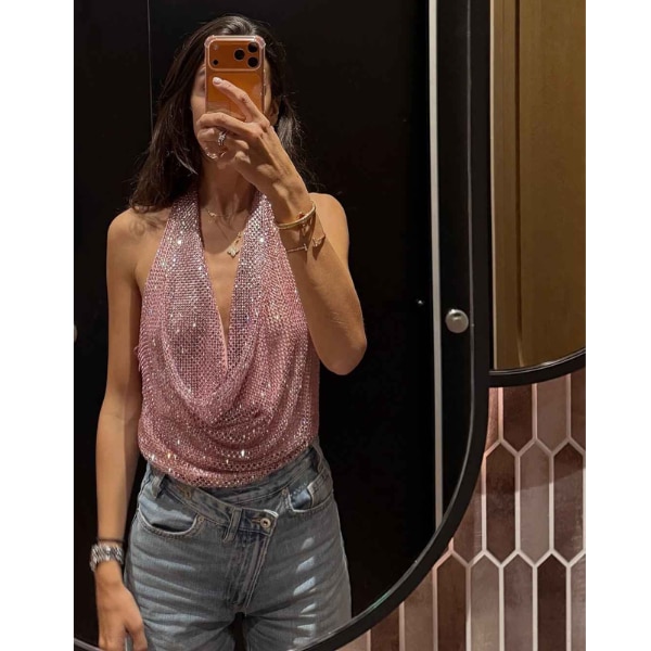 SR Store Rhinestone Mesh Deep Cowl Halter Top, ₹8,090