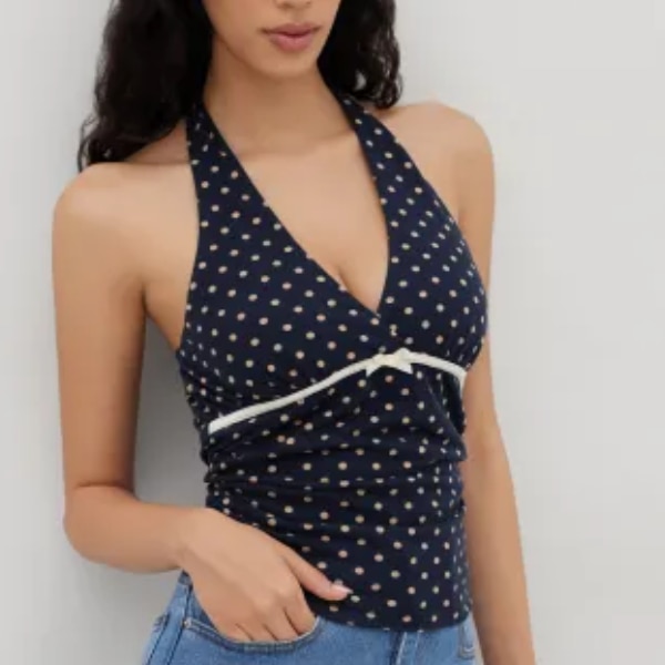 Cider V-neck Halter Polka Dot Bowknot Ruched Top, ₹2,899