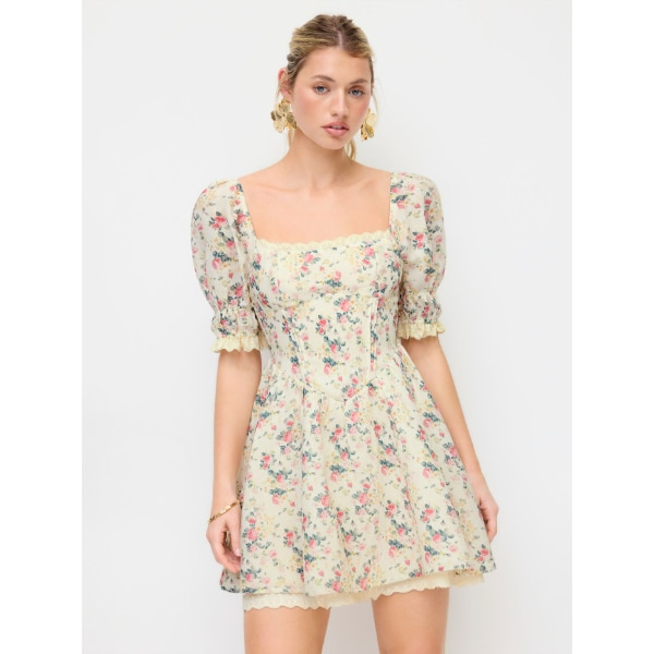 Cider Floral Square Neck Puff Sleeve Shirred Babydoll Mini Dress, ₹5,136