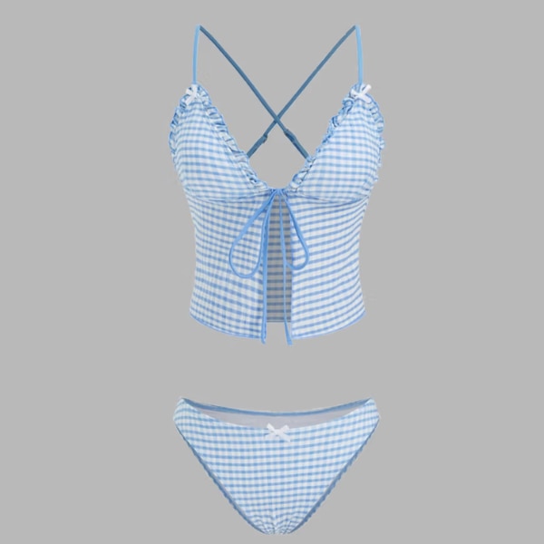 Cider V-neck Gingham Bowknot Lettuce Trim Tankini Bikini Top and Bottom, ₹3,899