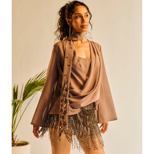 Lea Clothing Vivienne Grey Draped Top and Hand-Embrodiered Scraf, ₹3,190