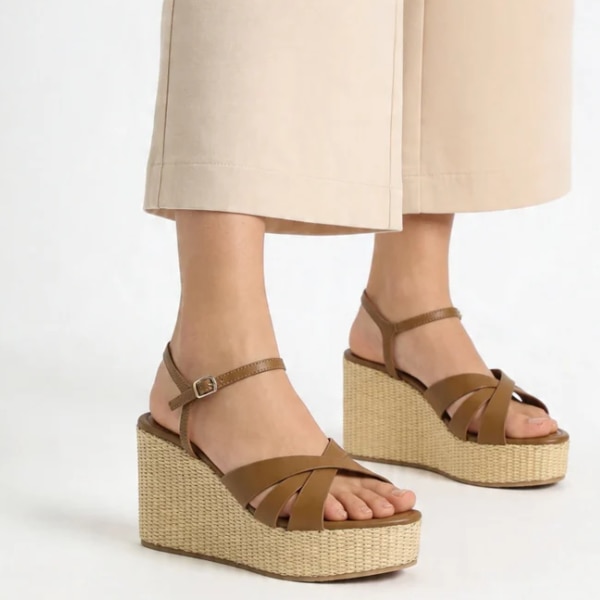 Luna Blu Tan Cross-Strap Raffia Sandals, ₹1,499