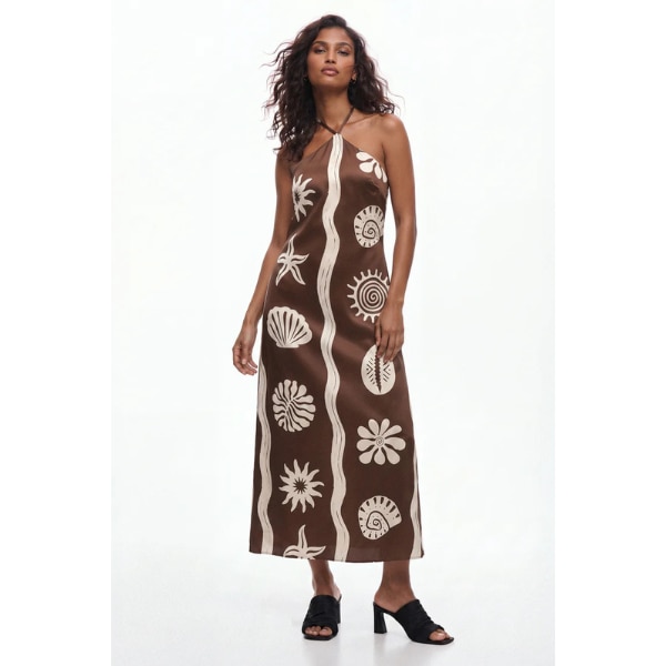 Lemon Lords Seashell Print Brown Halter Maxi Dress, ₹2,499