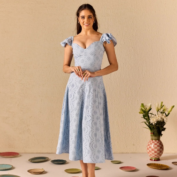 Old Marigold Azurea Powder Blue Embroidered Schiffli Midi Dress, ₹8,999