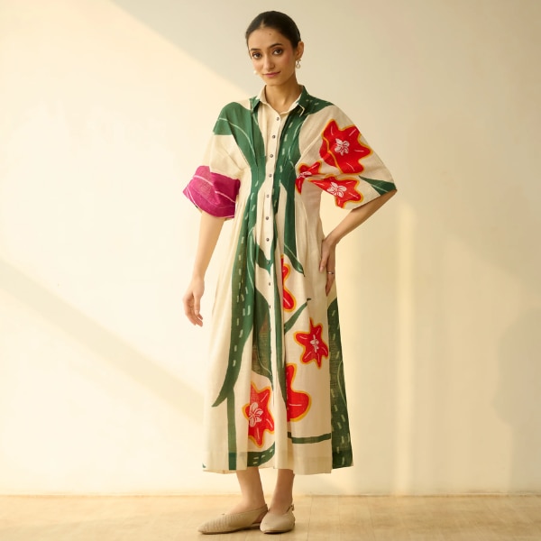 Rust Orange June Slub Cotton Dress - Cream White, ₹4,299