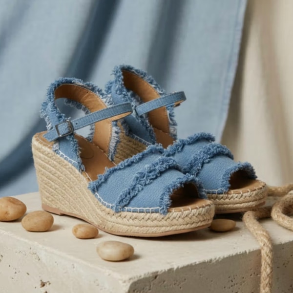 Ezok Blue Denim Slip On With Buckle Wedges Heels, ₹2,450