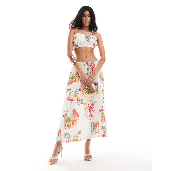 Asos Design Oversized Skirt with Linen in Postcard Print Co-Ord, ₹6,089 approx. 