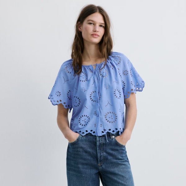Mango Cotton Blouse with Broderie Anglaise Embroidery, ₹3,290