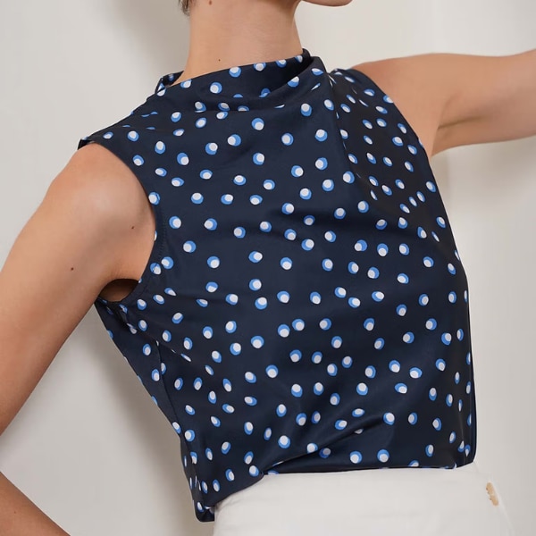 Fable Street Navy Blue Satin Sleeveless Cowl Neck Polka Dots Top, ₹2,295