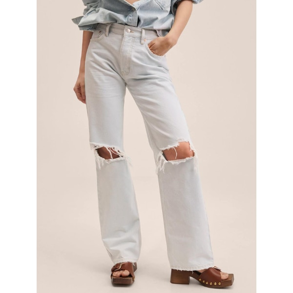 Mango Women Blue Straight Fit High-Rise Slash Knee Jeans, ₹3,590