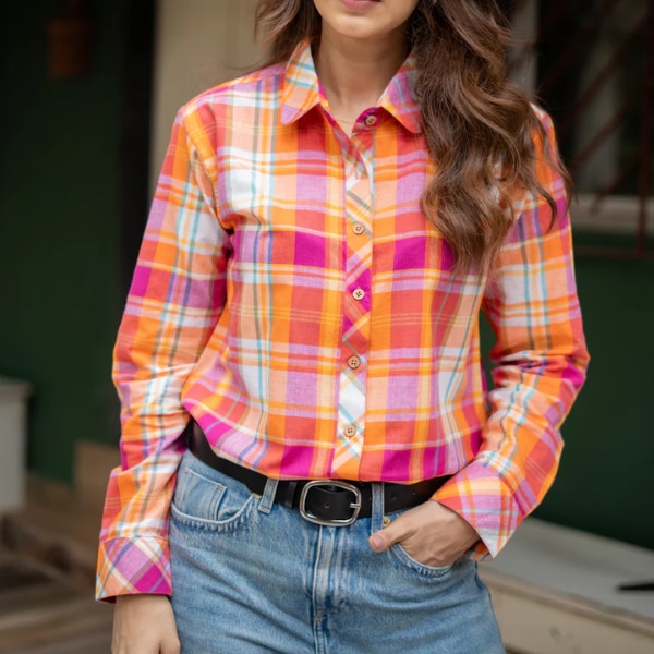 Nanaki Orange Madras Checks Cotton Shirt, ₹1,799