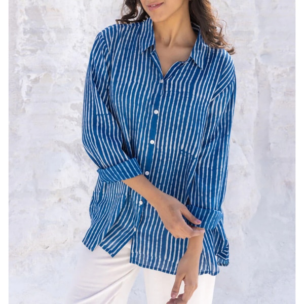 Pinklay Classic Indigo Stripes Dabu Modal Shirt, ₹2,499