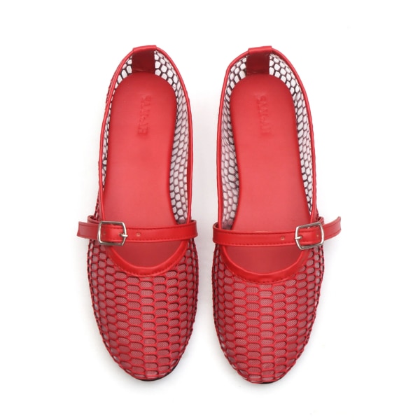Tjori Red Scarlet Mesh Mary Jane Flats With An Adjustable Buckle, ₹1,899