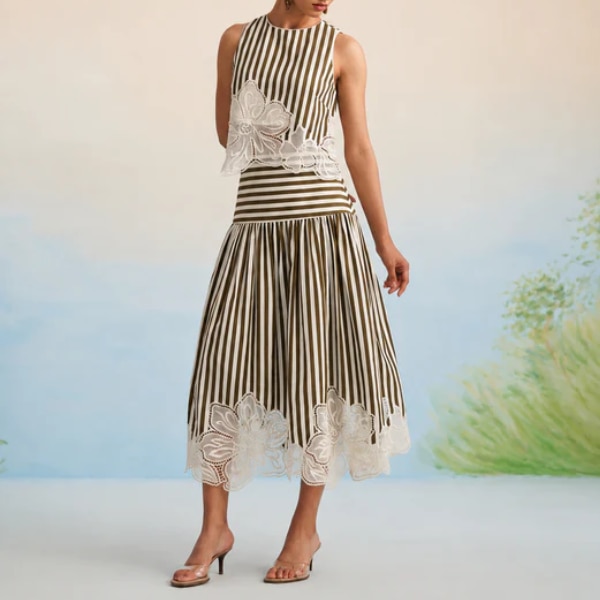 Label Pikake The Olive Stripe Floral Appliqué Ensemble: Two-Piece Skirt Set, ₹10,500